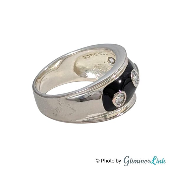 Vintage Sterling Silver Black Enamel Dome Ring CZ Stones Size 8 Thailand - Picture 8 of 12